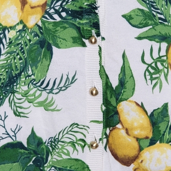 Talbots | Lemon Print V-neck Button Front 3/4 Sleeve Cardigan Sweater Size Small - Picture 3 of 5